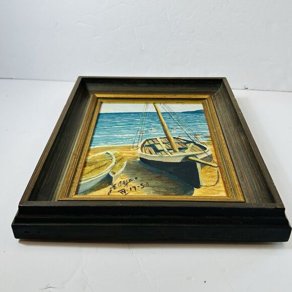 Vintage Sailboat on Beach Oil Painting Signed JE Ayers Framed 9X11" Dated 1953 - Picture 4 of 6